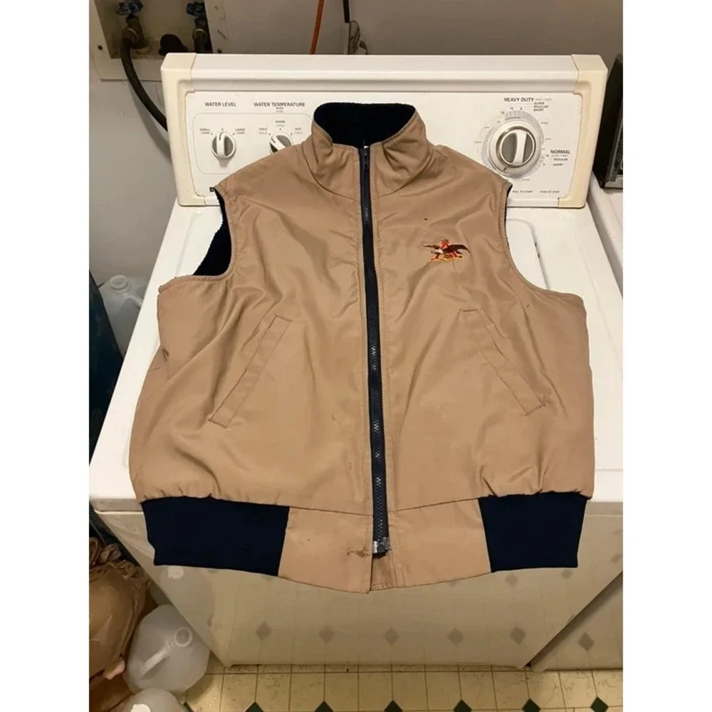 VTG Anheuser-Busch Vest Mens L, 42 Tan Fleece Lined Unitog Made USA Retro Puffer